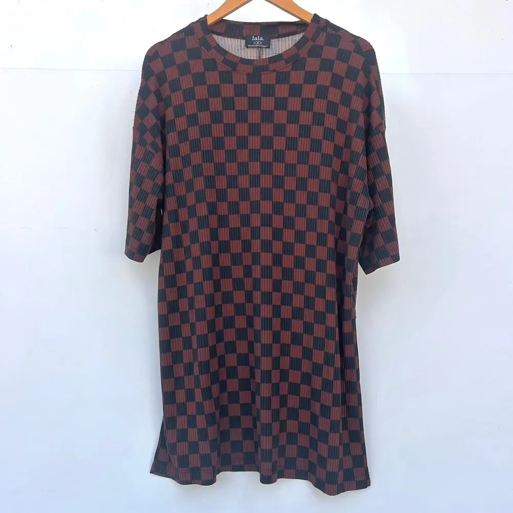 Dressed In LALA Lex Ribbed Playsuit Mocha Brown Black Checkered Set Pants Medium - Picture 6 of 12